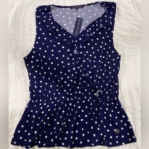 Adrienne Vittadini Navy Blue Polka Dot Sleeveless Blouse